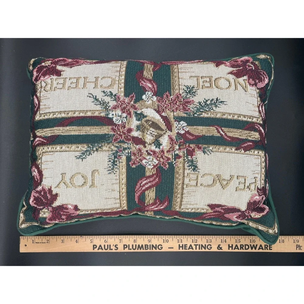 Vtg Tapestry Christmas Throw Pillows Set of 2 Peace Joy Noel Cheer Green 15x11